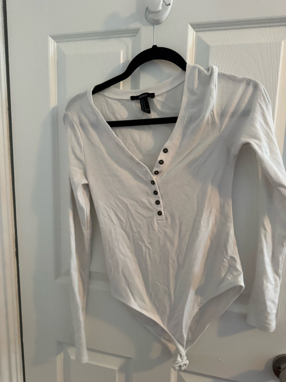 Forever 21 White Ribbed Henley Tie-Front Bodysuit